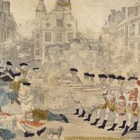 John Revere. "The bloody massacre perpetrated in King Street Boston on March 5th 1770 by a page of and 29th Regt.," engraved by Paul Revere. Bost Massacre.